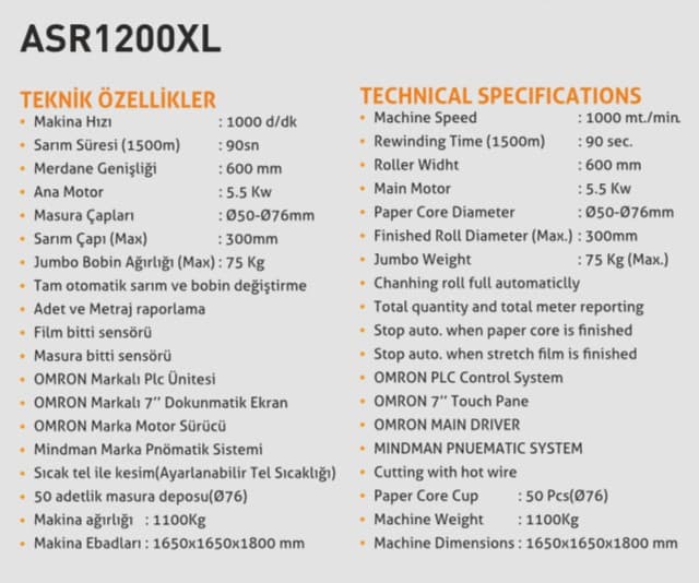 Asr1200xl Streç Sarma Makinesi Özellikleri